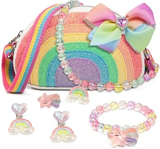 Toddler Purse Christmas Birthday Gifts for Girls 3-8, Dress Up Jewelry Toys | Rainbow Accessories Set Necklace Bracelet Ring Earrings for Kids Pretend Play Princess Party, Xmas Stocking Stuffers
