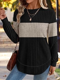 tunic tops for women loose fit dressy long sleeve pullover sweaters for women crew neck fall clothes curved hem