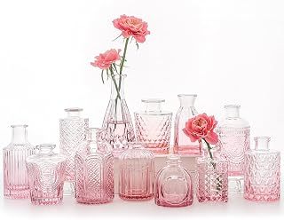 SUPMIND Glass Bud Vases Set, 12pcs Pink Small Flower Vases in Bulk | Mini Vintage Vase for Table Centerpieces, Wedding, Home Decor, Table Decoration, Baby Shower, Party Decor