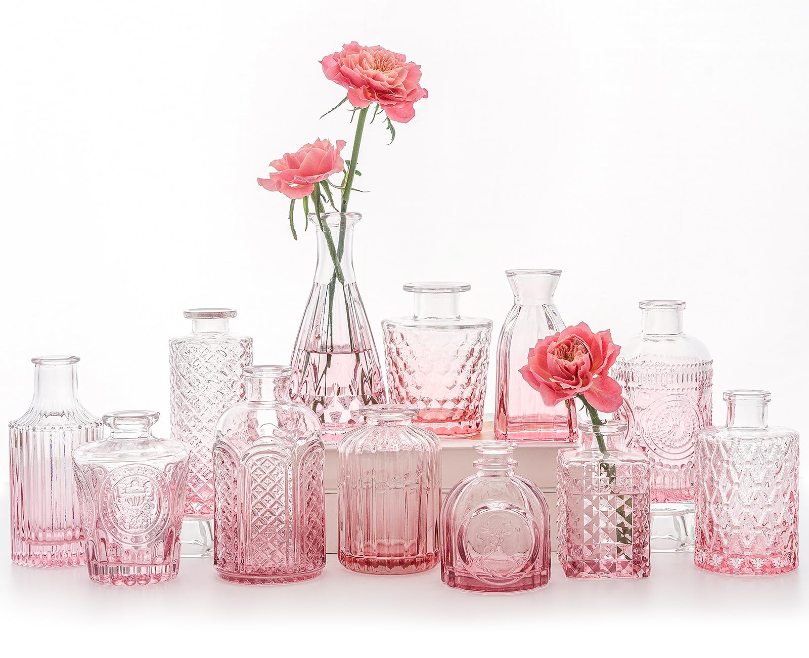 SUPMIND Glass Bud Vases Set, 12pcs Pink Small Flower Vases in Bulk | Mini Vintag