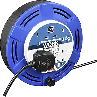 Masterplug Four Socket, 10 Metre Cassette Reel, Medium Extension Lead Cable Reel, Wind-Up Retractable Power Cord Reel, Thermal Cut Out, Work Power, Blue/Black, 10A, 4G, 10m, MCT1010/4BL
