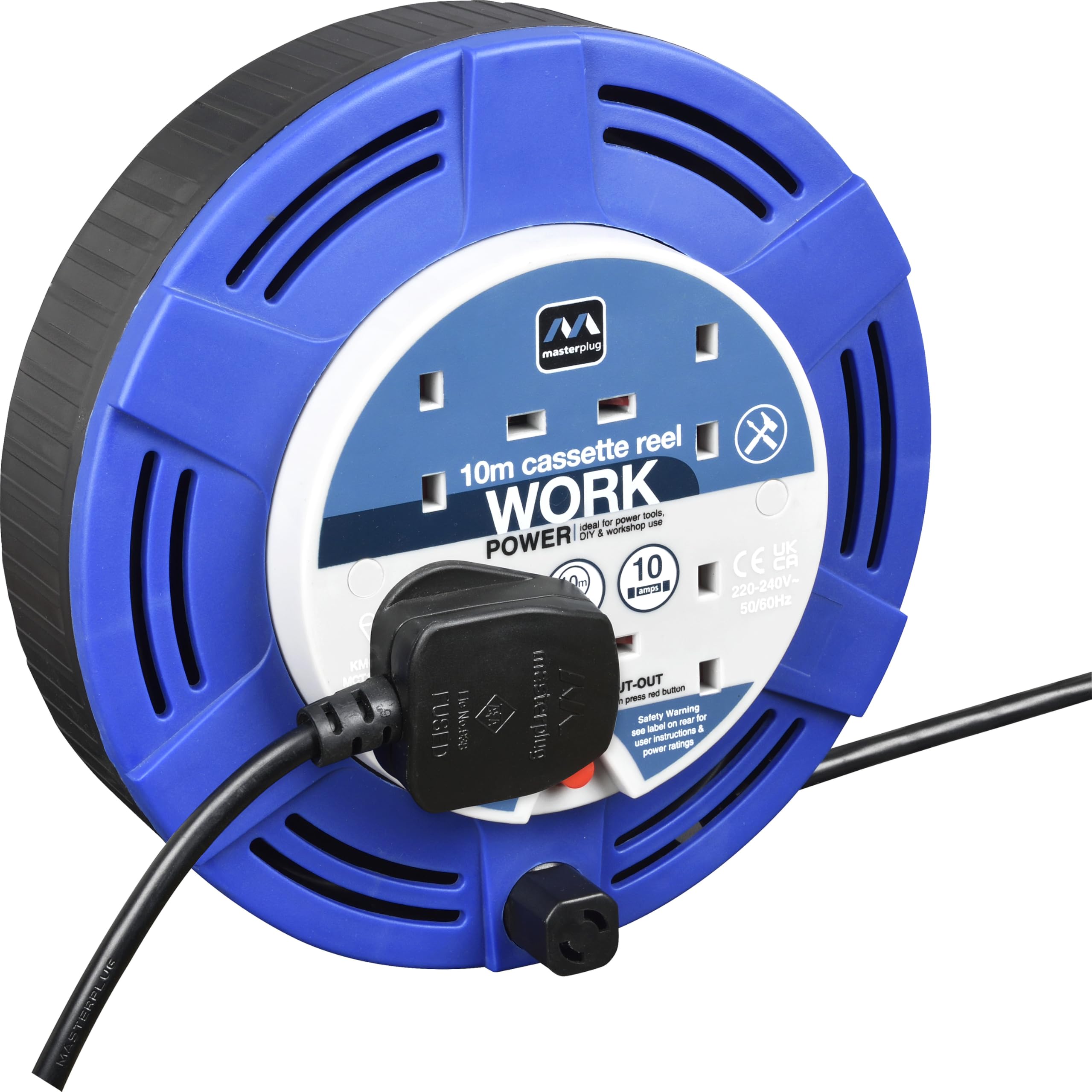 Masterplug Four Socket, 10 Metre Cassette Reel, Medium Extension Lead Cable Reel