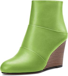 HDEUOLM Women's High Wedge Heel Closed Round Toe Ankle Boots 8.5 cm Heels Slip-on Zip Cute Shoes