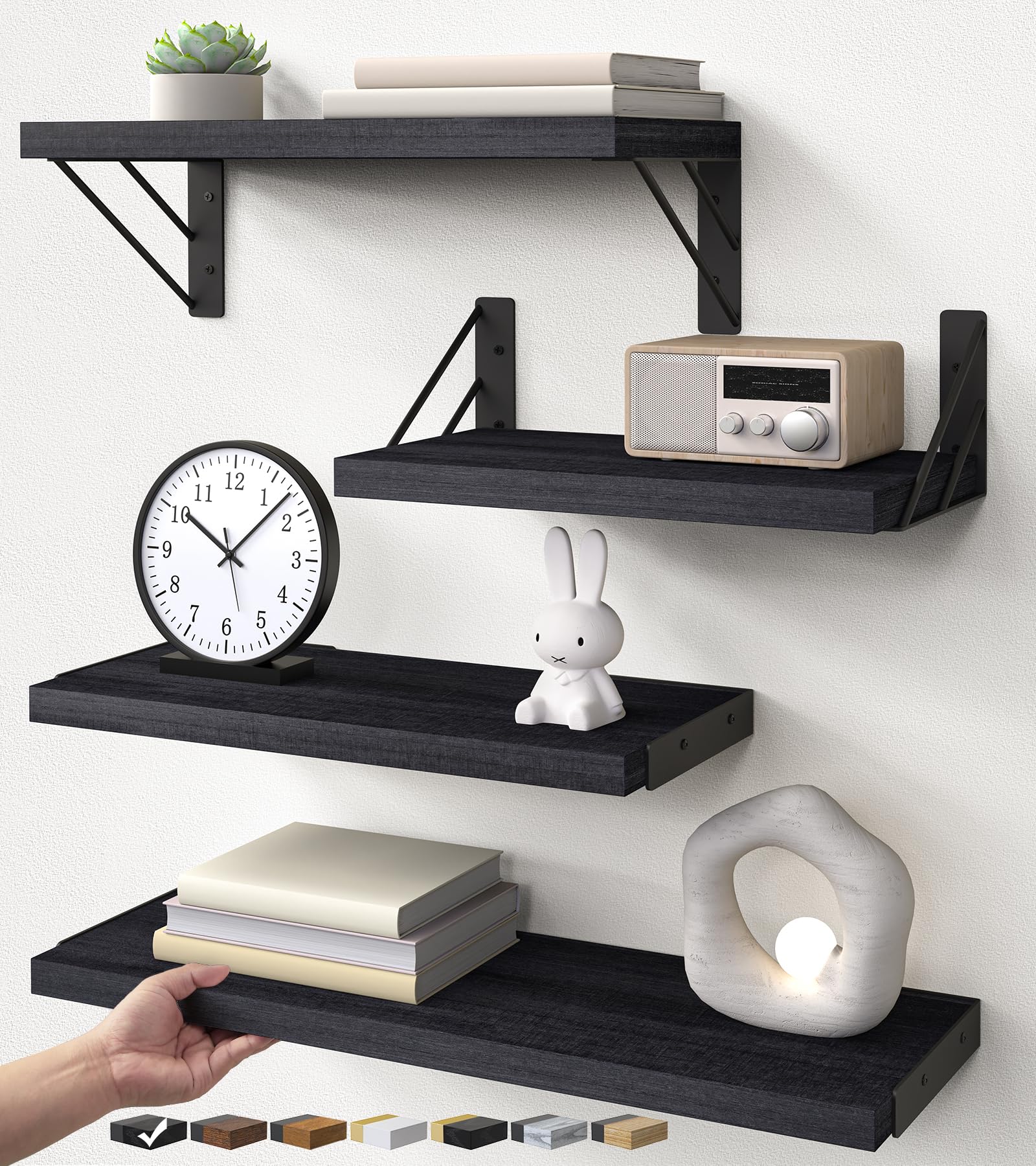 BAYKA Wall Mounted Black Floating Shelves For Wall (Set of 4, 16.5" Mixed) | Hol