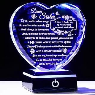 YWHL Regalo di compleanno per sorella da sorella fratello, ricordo a forma di cuore di cristallo con base luminosa colorata, regalo per sorelle per donne, per Natale, festa della mamma, San Valentino