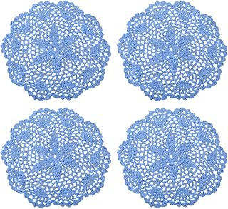 4 Pieces Crochet Handmade Crochet Cotton Placemats Handmade Round Lace Placemats with Floral Patterns for Wedding Party Decoration (Blue)