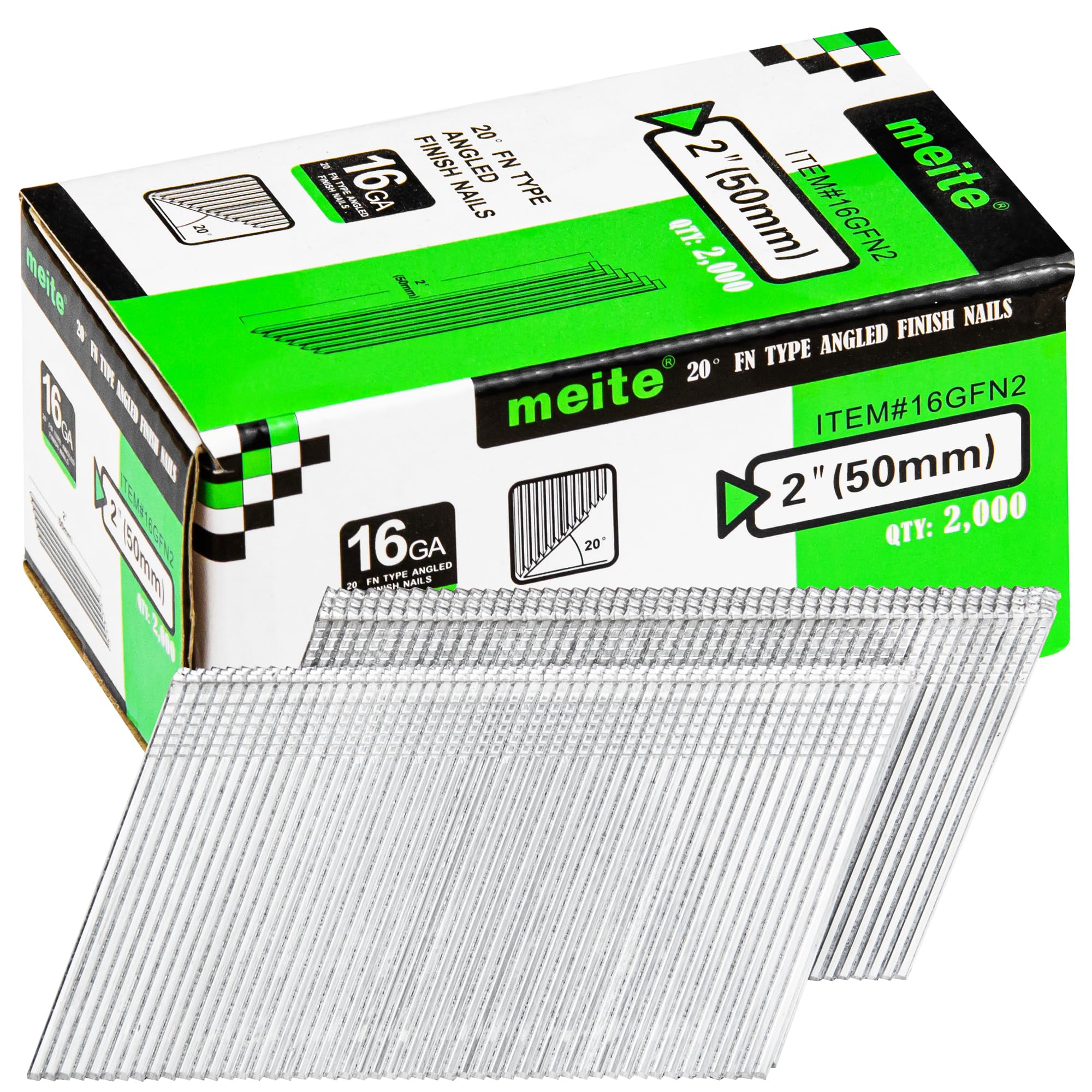 meite 16 Gauge Finish Nails 2 Inch Galvanized 20 Degree Angled 2,000PCS | Fits P