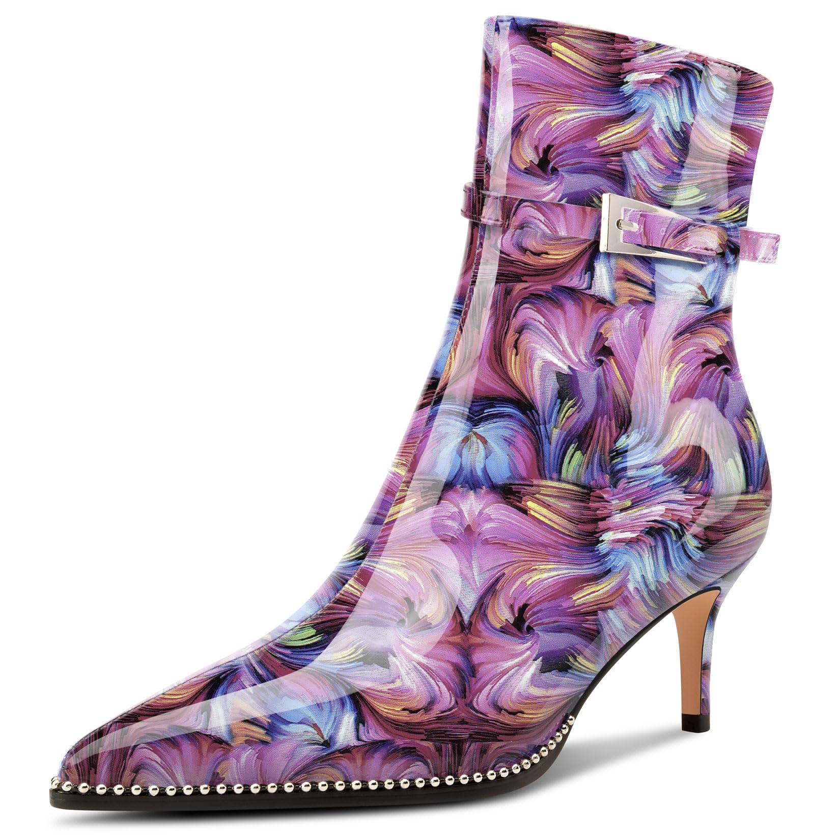 NobleOnly Women's Half Kitten Heel Closed Toe Pointed Toe Ankle Boots Buckle Clo