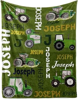 Personalized Tractors Blanket - Custom Name with Farm Tractor Trucks Design - Soft Plush Minky Flannel Bed Blanket for Baby Kid Teen Boys Girls Customized Gifts Olive Green