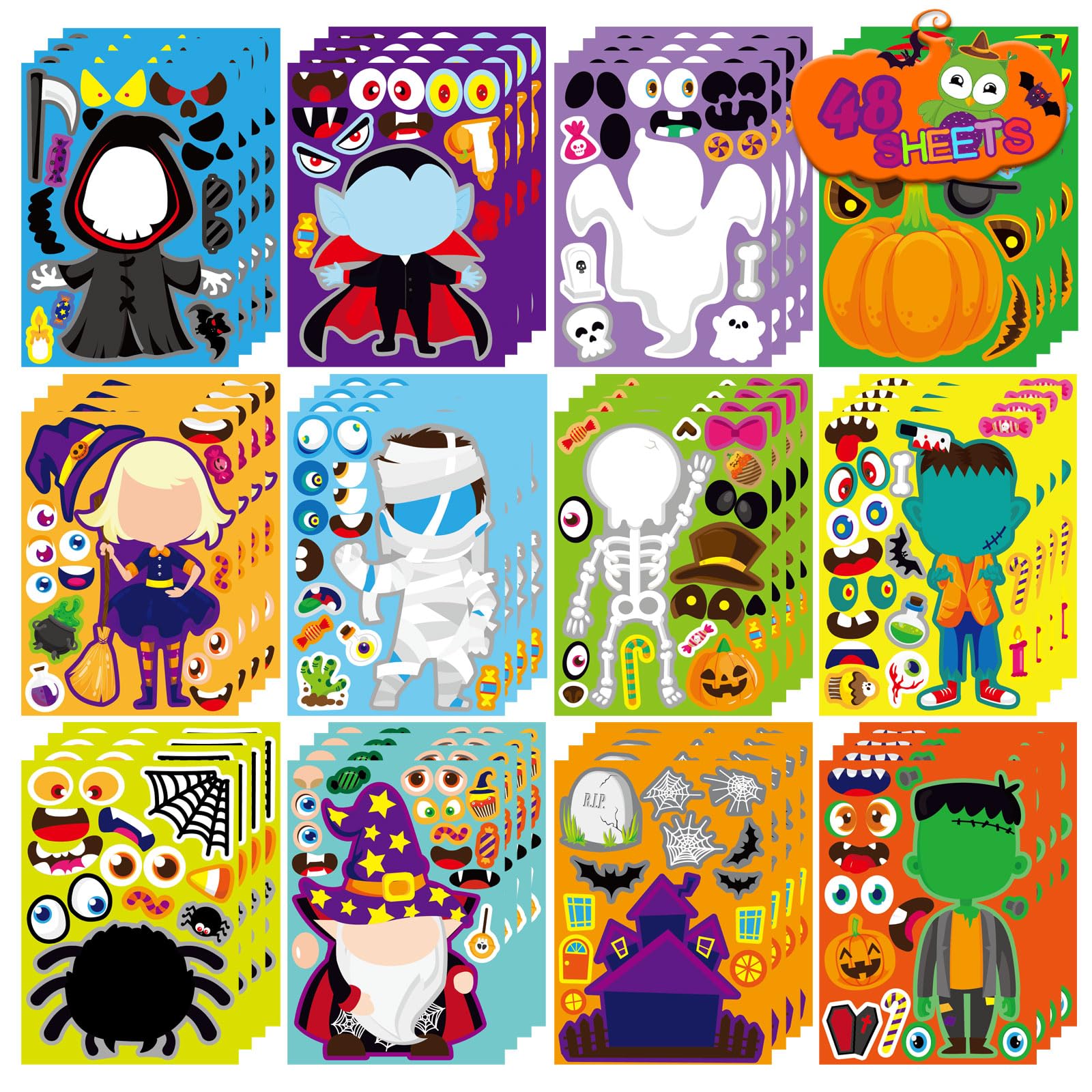48PCS Halloween Make-a-face Stickers Halloween Characters Stickers for Kids | Ma