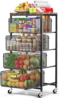 SUNALLY Rolling Storage Cart with Drawers Kitchen Snack Organizer, Black | 4 Tier metal utility pantry drawer cart with lockable wheels & wooden top for snack, kitchen, bathroom, bedside, art, craft