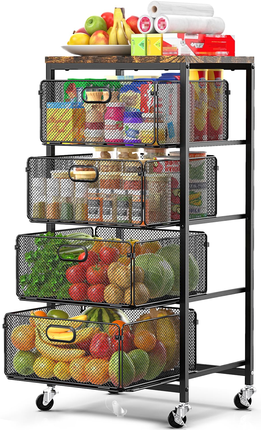 SUNALLY Rolling Storage Cart with Drawers Kitchen Snack Organizer, Black | 4 Tie