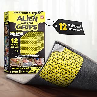 Bell+Howell Alien Grip Rug Gripper Carpet Tape - 12pcs, 4x4 in. Anti-Slip Hardwood, Tile Floor, No Damage - Double Sided Reusable, Non Slip Corner Rug Pads - As Seen on TV