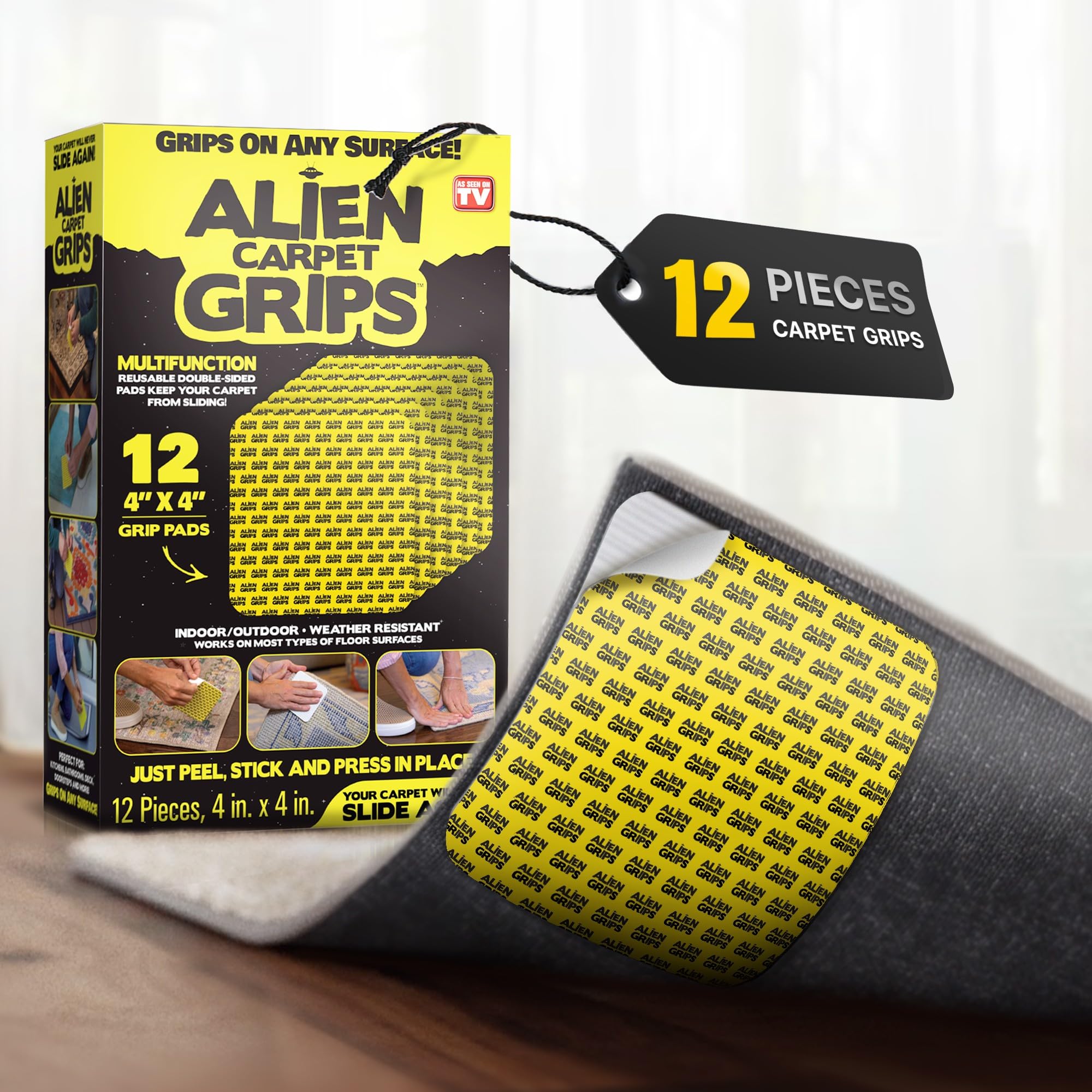 Bell+Howell Alien Grip Rug Gripper Carpet Tape - 12pcs, 4x4 in. Anti-Slip Hardwo