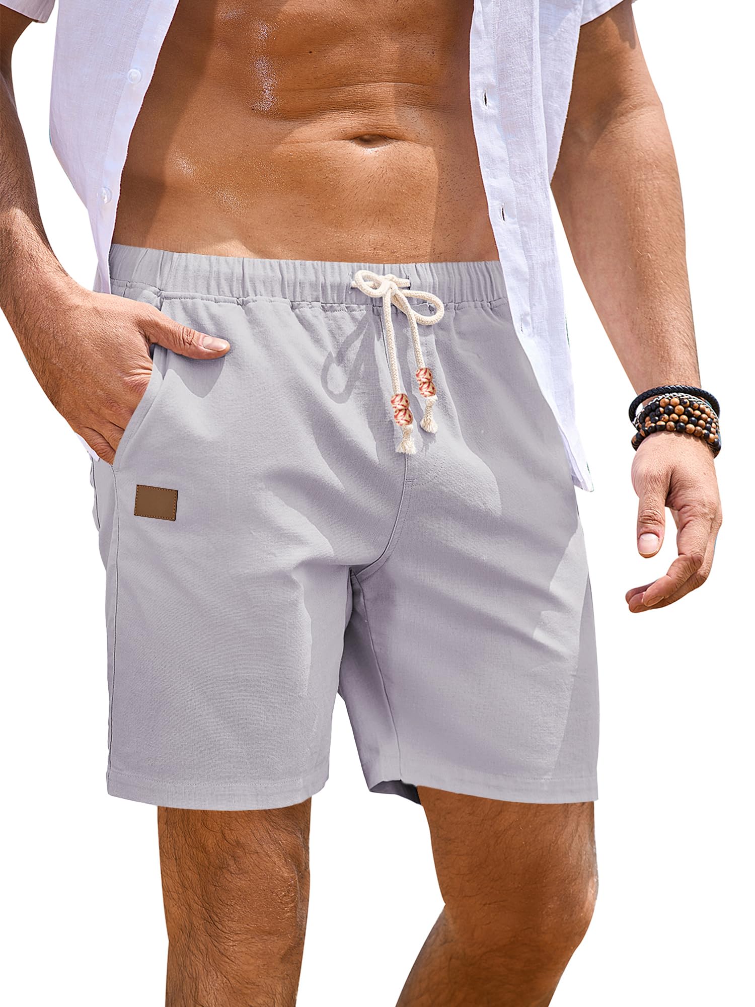 JMIERR Mens 5"/7" Cotton Linen Lightweight Drawstring Casual Beach Shorts