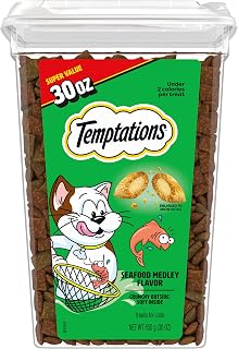 Temptations Classic Crunchy and Soft Cat Treats, Seafood Medley, 30 oz | Under 2 calories per treat, 100% complete & balanced adult cat nutrition, resealable tub, use as snack, meal, or food topper