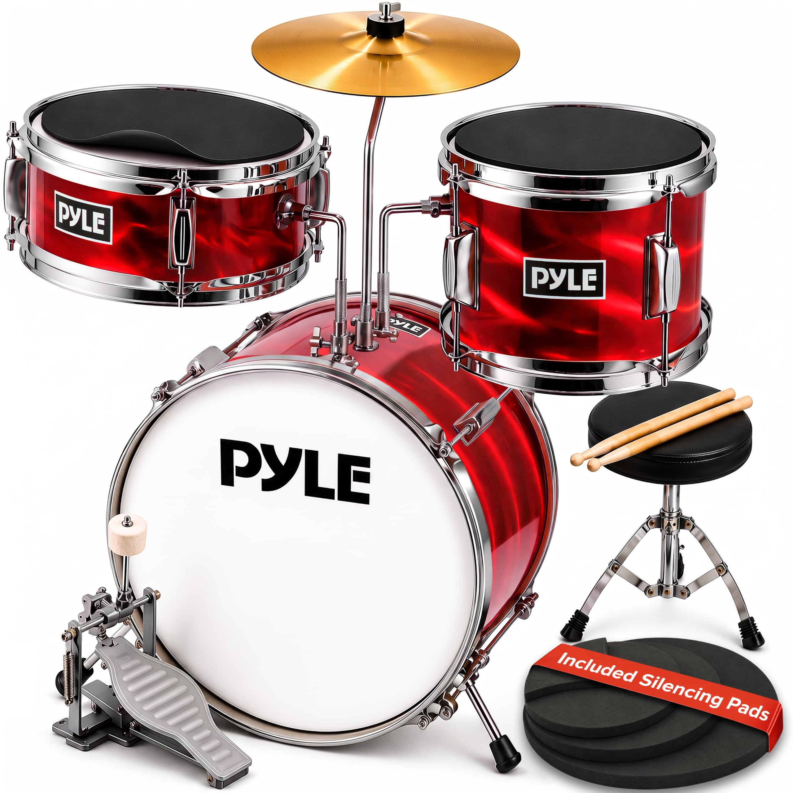 Pyle Kids Drum Set, 3 Piece Beginner Junior Drummer Kit with 13" Bass Drum, Snar
