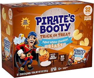 Pirate's Booty Aged White Cheddar Cheese Puffs Halloween Snacks, 8 oz | Gluten Free, White Cheddar Puffs, Individual Trick or Treat Bags, School Party Snacks, Bulk Mini Bags, Kids Halloween Snacks