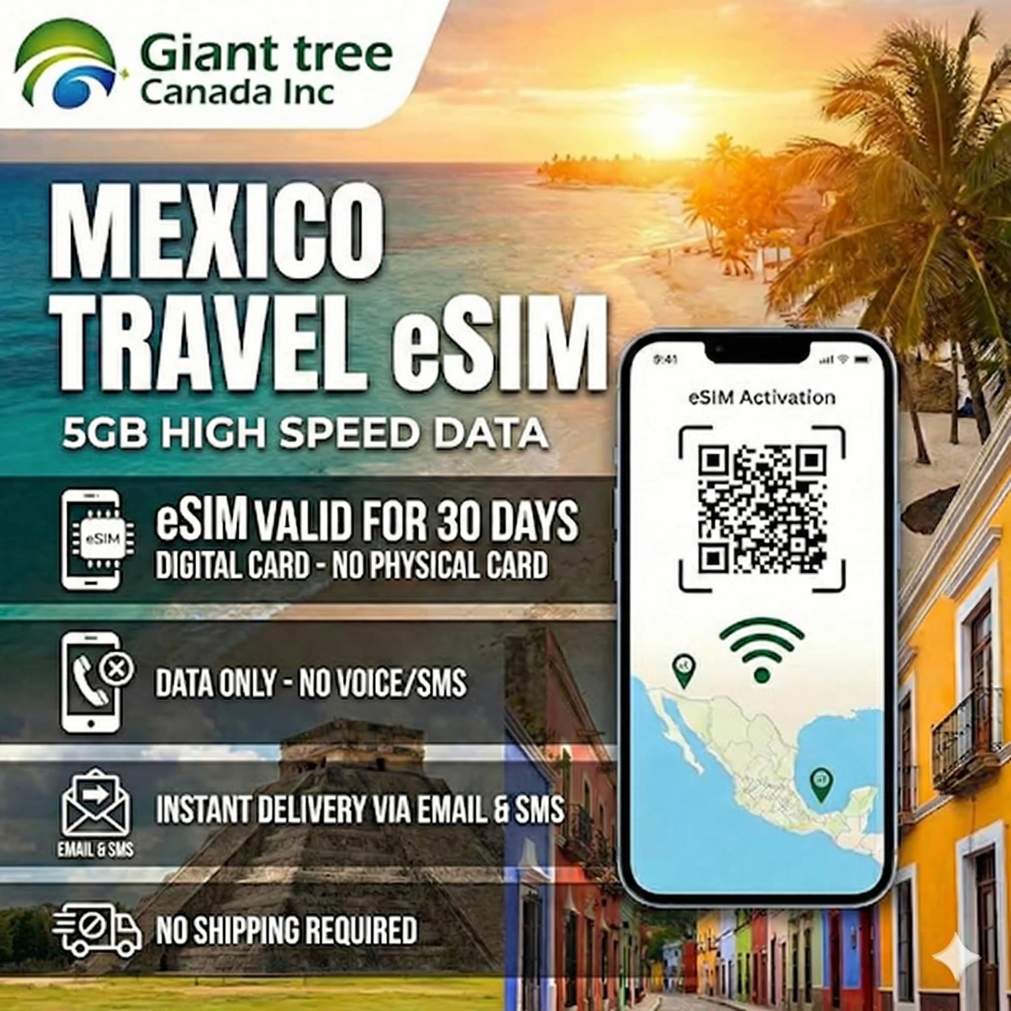 Mexico eSIM 30-Day 5GB High-Speed Data (Delivered via email Within 1 Hour. Pleas