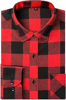 DOKKIA Men's Casual Dress Long Sleeve Buffalo Plaid Checked Fitted Flannel Shirt