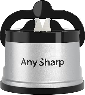 AnySharp Knife Sharpener, Hands-Free Safety, PowerGrip Suction, Silver | Safely Sharpens All Kitchen Knives, Ideal for Hardened Steel & Serrated, Compact, One Size