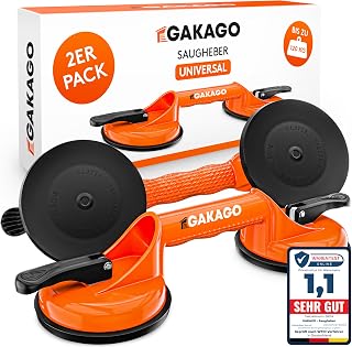 Gakago Saugheber (2er Pack) - Ergonomische & rutschfeste Sauggriffe - 120kg tragfähiger Vakuumheber für den Transport von Fliesen, Laminat, Scheiben und Glas als Glasheber, Glassauger, Glasträger