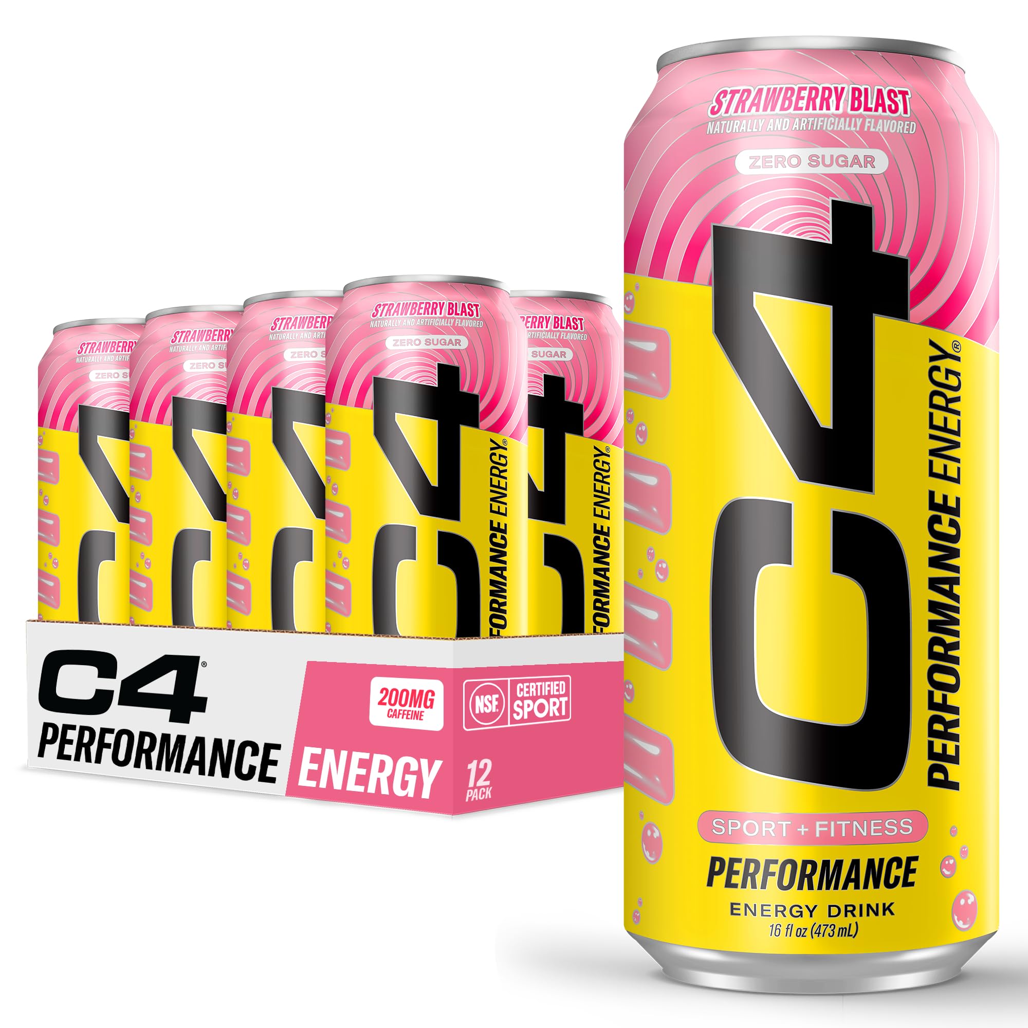 C4 Performance Energy Drink with Zero Sugar, Strawberry Blast, 12pk | 200mg caff