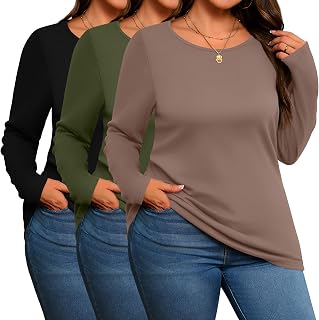 Evervibe 3 Pack Women's Plus Size Cotton Shirts Long Sleeve Tops