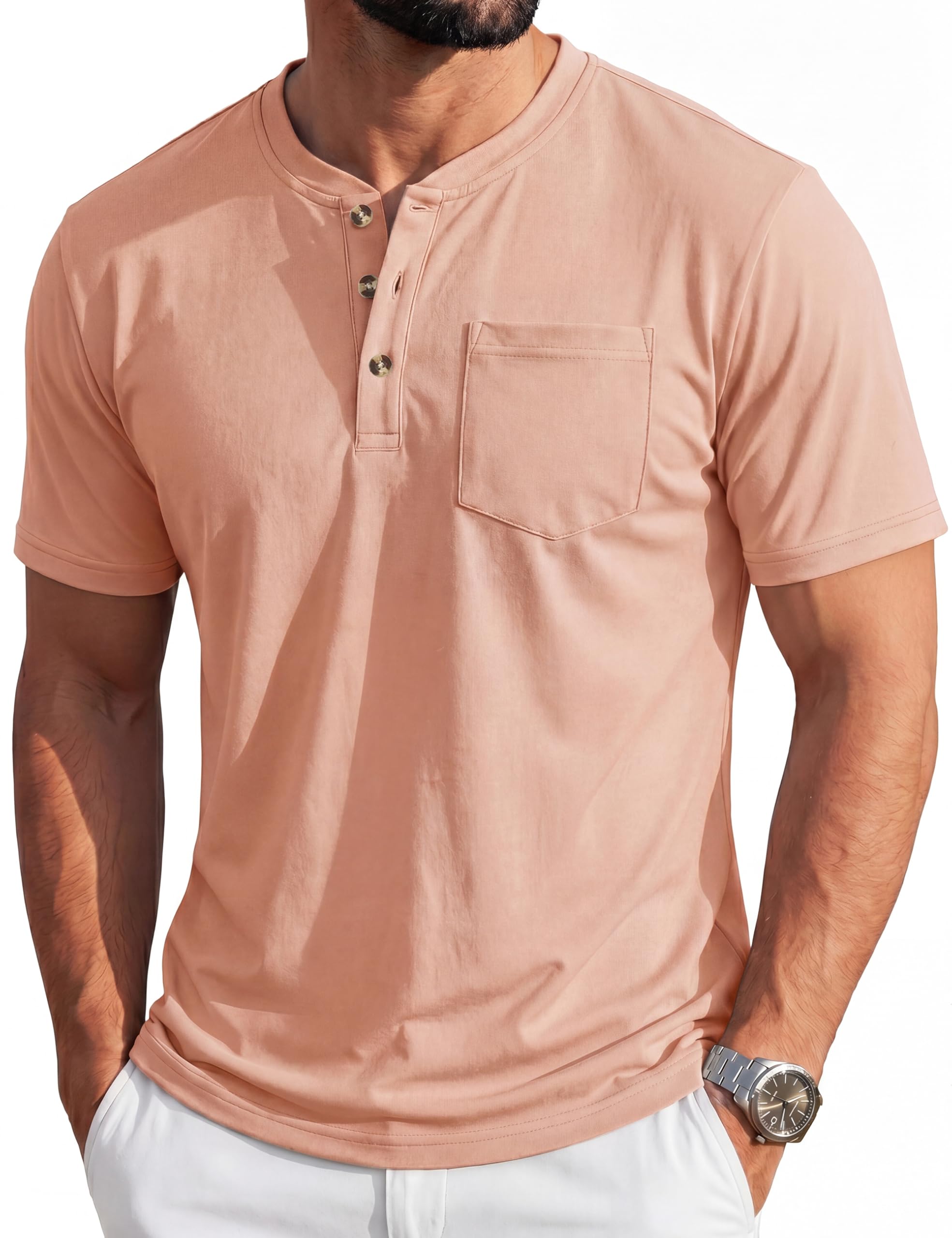 MAGCOMSEN Henley-Hemd für Herren, kurzärmelig, Baumwolle, 3 Knöpfe, Rundhalsauss