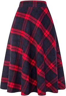 IDEALSANXUN Womens Plaid Wool Skirts Elastic Waist A-Line Pleated Tartan Long Skirts