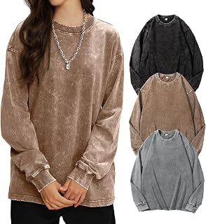 Yimoon オーバーサイズ Tシャツ 女性用 コットン 長袖 シャツ アシッド ウォッシュ バギー Tシャツ ヴィンテージ Tシャツ ストリートウェア