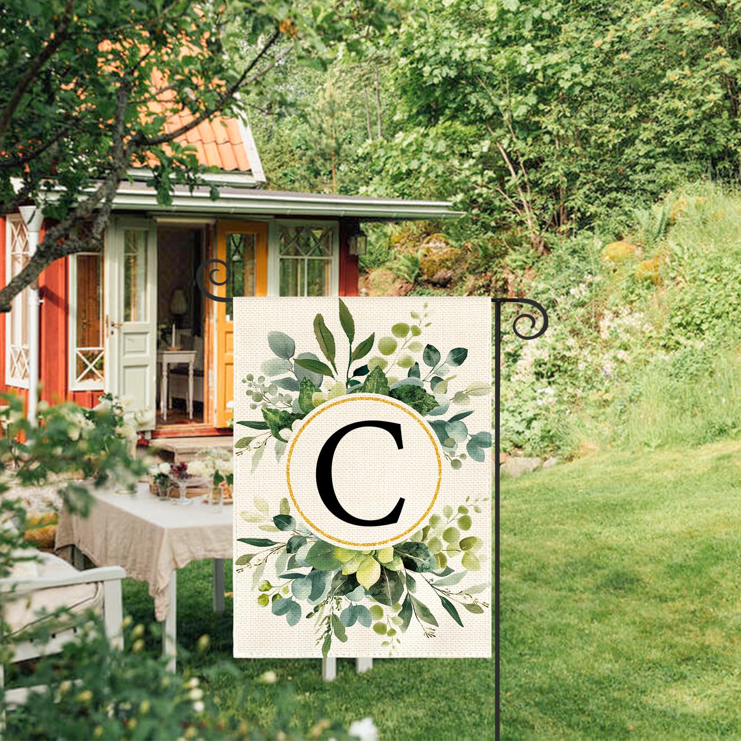 Monogram Letter C Floral Garden Flag 12" x 18" Double Face Outdoor, Last Name Fa