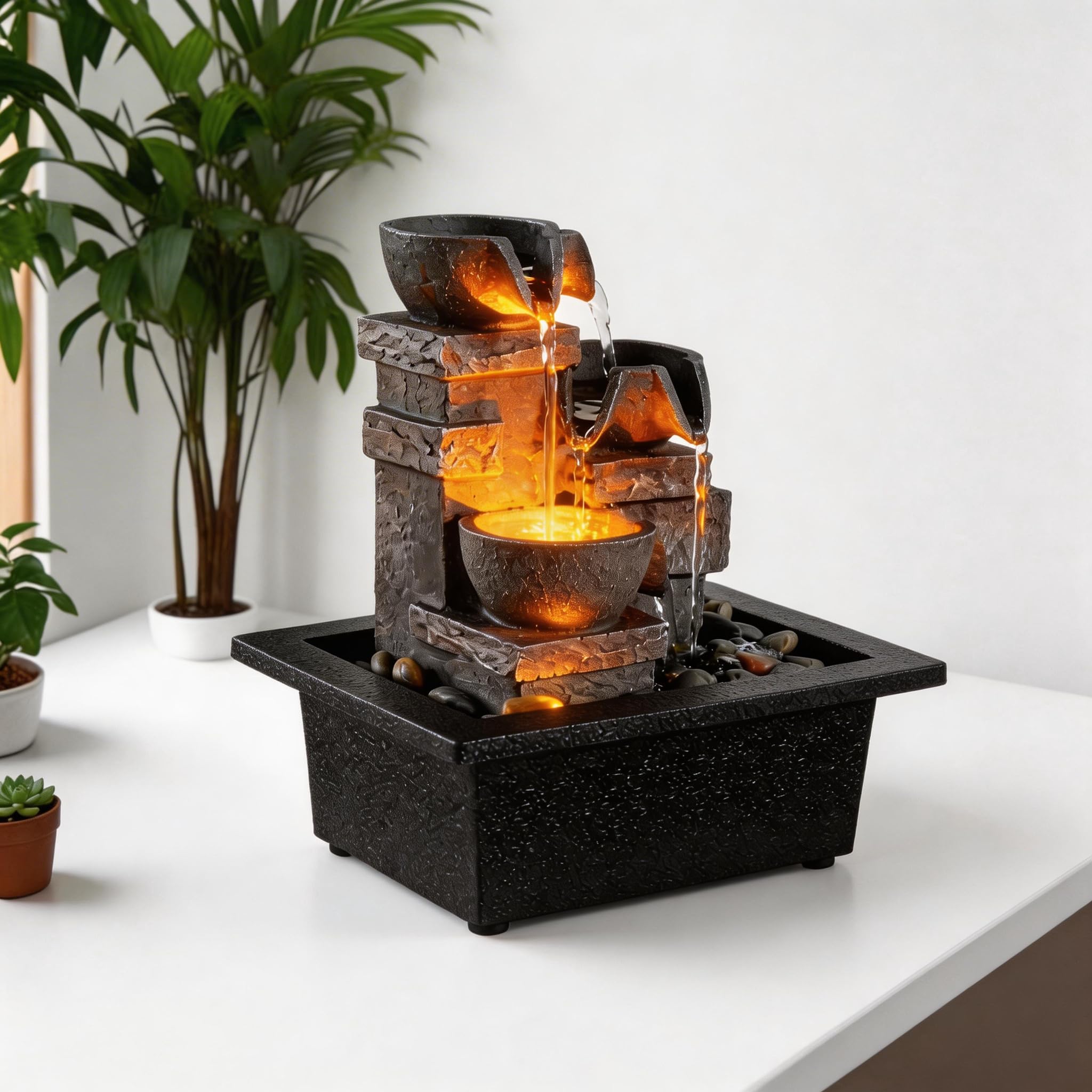 MAOCHI Indoor Fountain 3-Bowl Rockery Soothing Sound Tabletop Fountains Home/Off