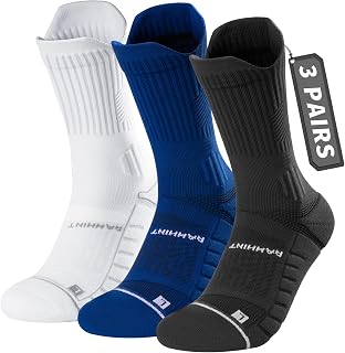 Rahhint Men's Long Running Socks, 3 Pairs, Sizes 3-51, COOLMAX Breathable, Anti-Blister, Padded, with Compression and Arch Support