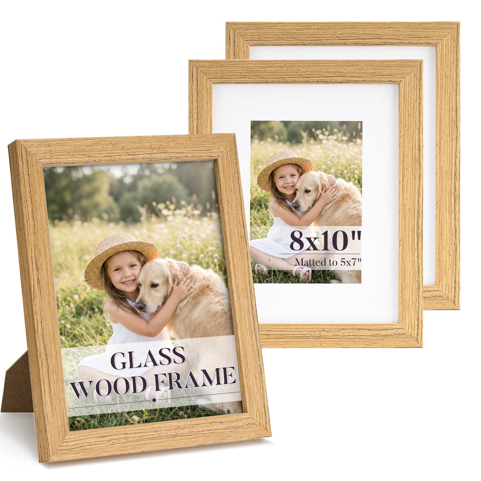 HOUSE DAY Wood 8x10 Picture Frame Set of 3, Tempered Glass, Natural Oak