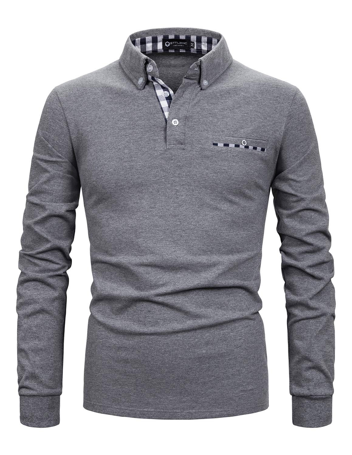 STTLZMC Men's Long Sleeve Polo Shirts Casual Fit Plaid Collar Cotton Golf T-Shir