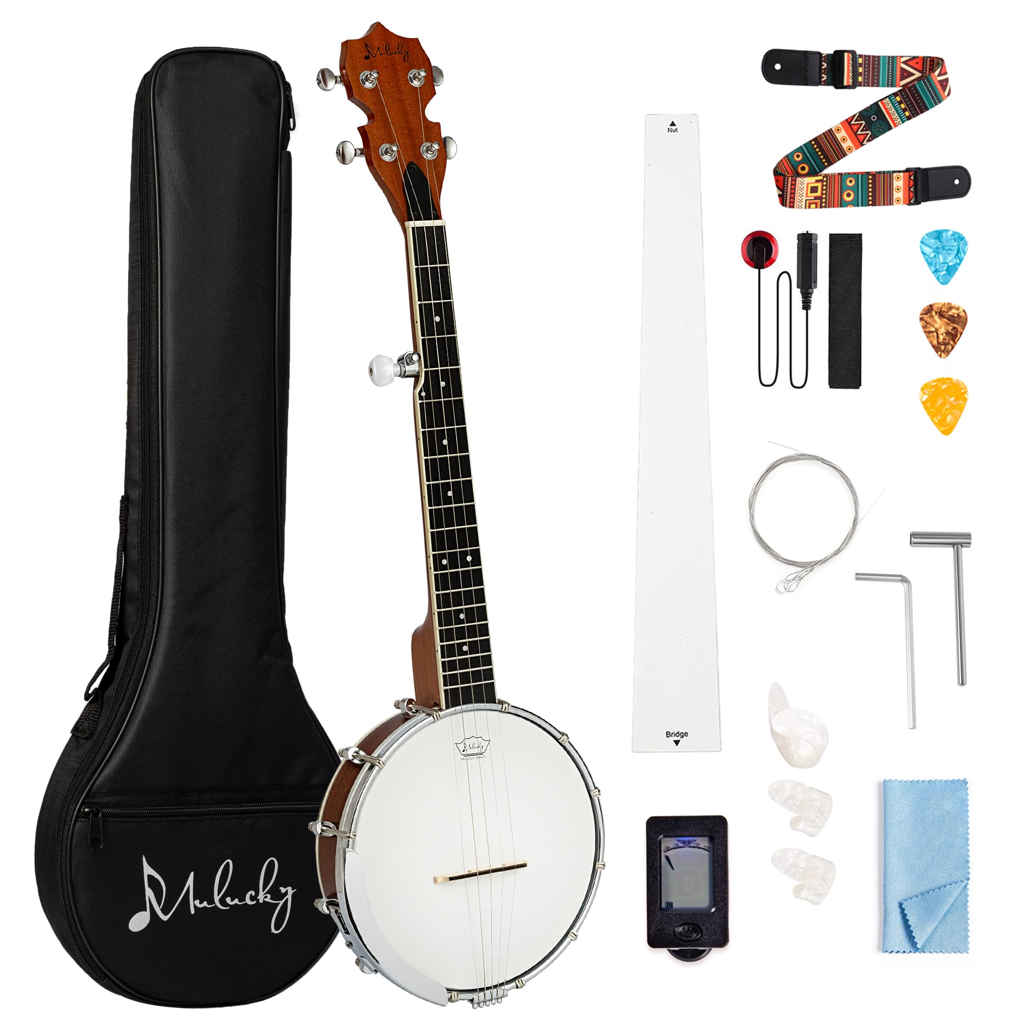 Mulucky 5 String Mini Banjo, 26 Inch Sapele Closed Back | Travel Mini Banjos wit