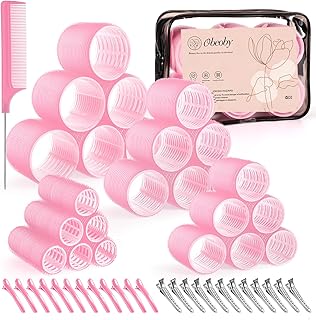 4 Sizes Self-Grip Hair Rollers Set for Long, Short Hair and Bangs - 50 Pcs with Clips (25mm, 36mm, 48mm, 60mm), Pink