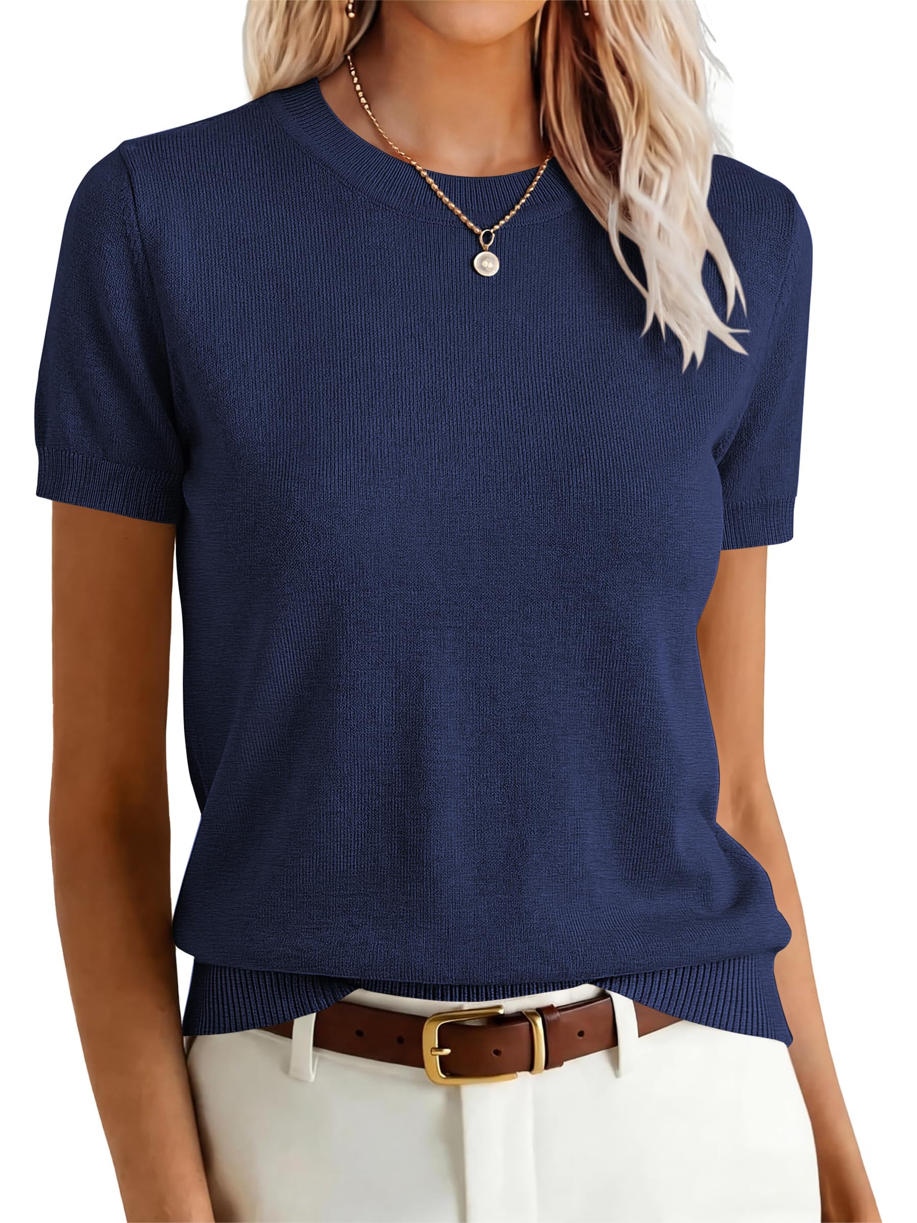 ANRABESS Women Sweaters Short Sleeve Wool Blend Crew Neck Work Shirts Casual Wor