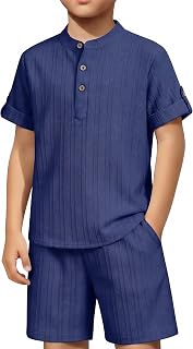 Arshiner Boys 2 Pieces Set Textured Henley Shirts & Shorts Set 4-12 Years