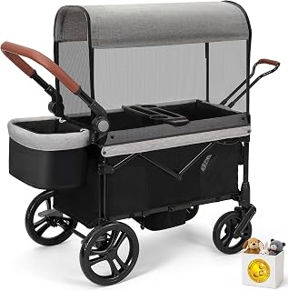 ELEMARA All-Terrain Stroller Wagon for 2 Kids, Foldable Kids Wagon Stroller Includes Removable Canopy,Mosquito net, Adjustable Push＆Pull Handle,Snack Tray & Cup Holders, Storage Basket, Grey+Black