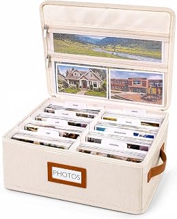 FANGSUN Photo Storage Box, Photo Organizer for 2000 4x6 Pictures, Memory | Linen Fabric, 8 Inner Cases, 23 Labels & 30 Divider Cards, Foldable & Lightweight, with Handle, Wedding & Family Keepsake Box