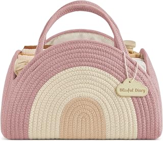 Blissful Diary Diaper Caddy Organizer, Woven Cotton Rope, Blush Rainbow | Large Storage Basket with Removable Dividers, Gift for Baby Shower, Newborn Boy &amp; Girl Essentials, Baby Registry Must Have