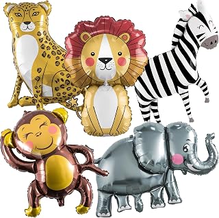 Large Animals Foil Balloons for Jungle Safari Birthday Party Decorations | Big Lion Zebra Elephant Monkey Leopard Balloons for Kids Boys Young Wild One Two Three Zoo Baby Shower Party Decor Supplies