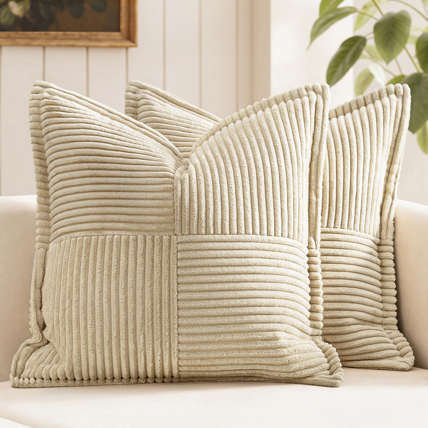 MIULEE Set of 2 Cream Corduroy Pillow Covers with Splicing 18x18 Inch