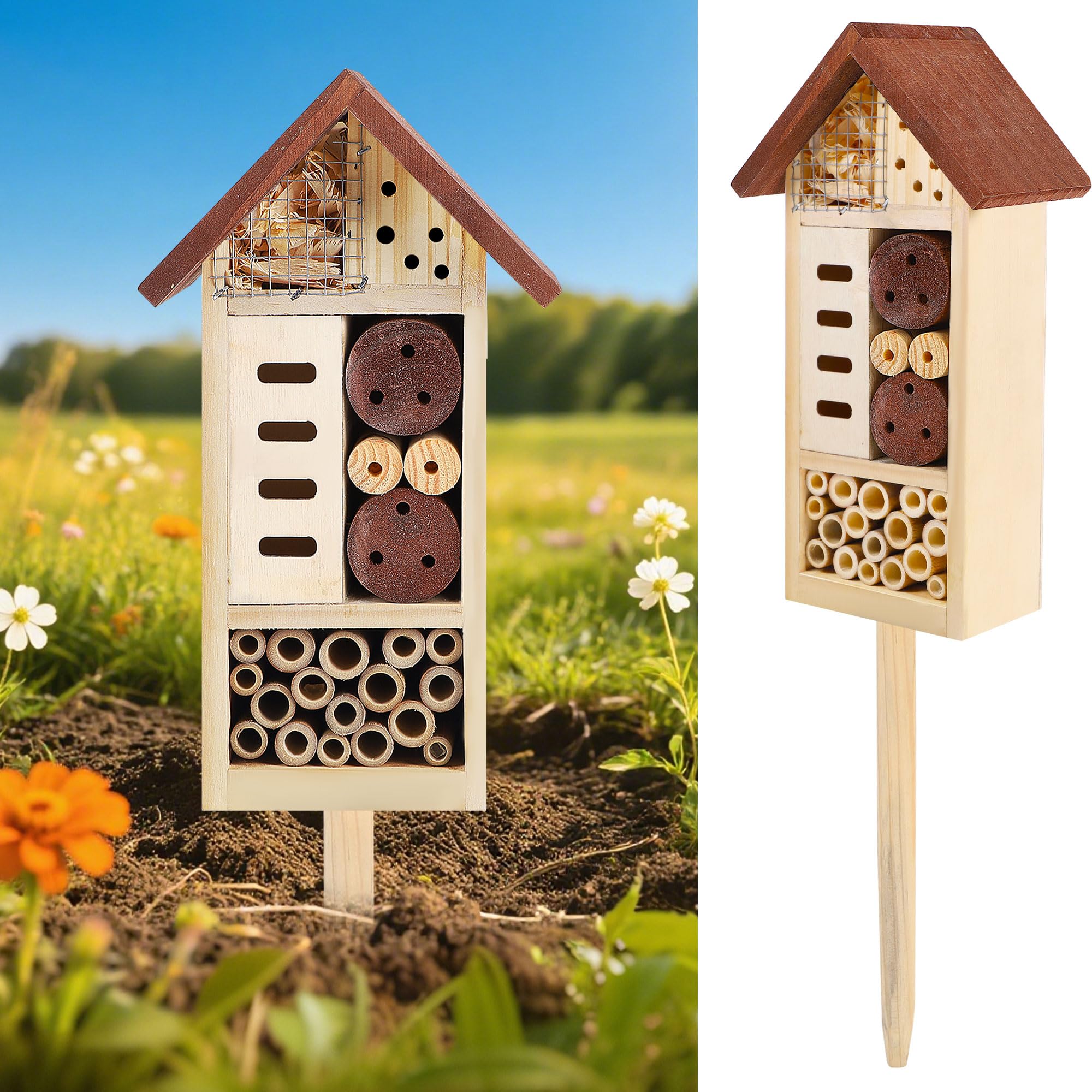 Lulu Home Wooden Insect House with Stake, 19.7 X 3.4 X 5.4 Inch | Hanging & Inse