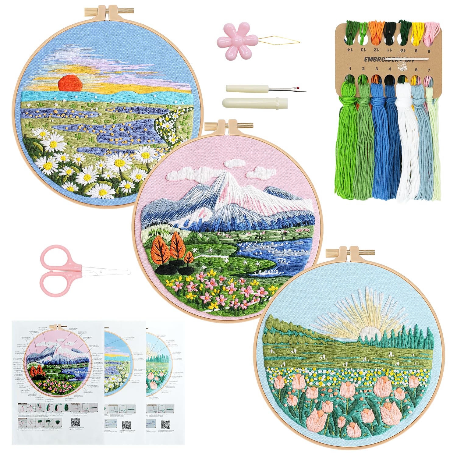 RidaaFri Embroidery Kit for Beginners, 3PC Floral Mount Sunshine Patterns | Stam