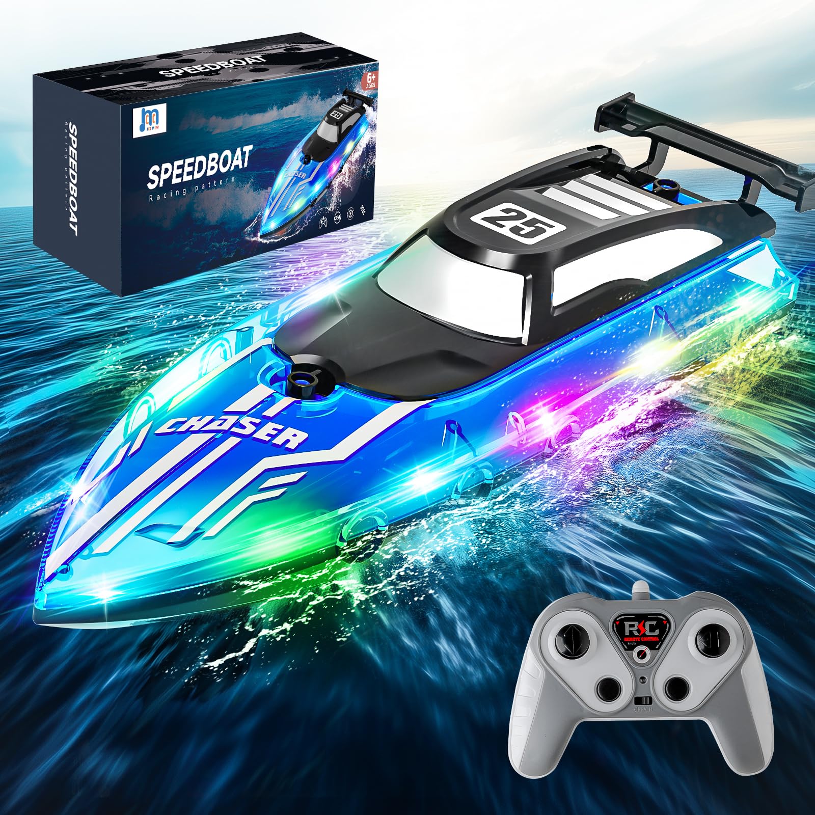 RC Boat with Dazzling LED Lights, 2.4Ghz Remote Control Racing Boats for Kids 8-