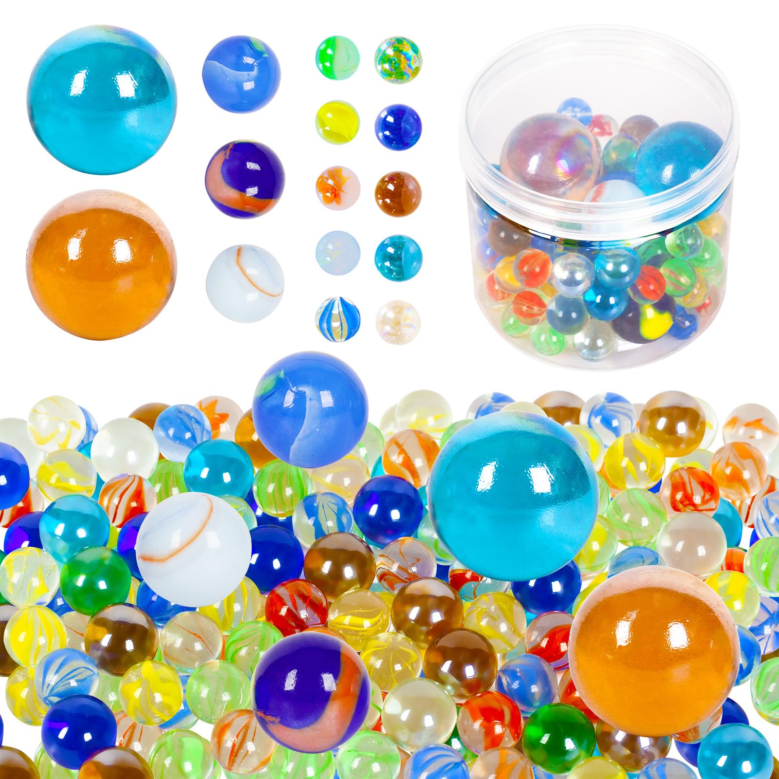 ShellKingdom 100PCS Glass Marbles, 4 Sizes Assorted Colors for Marbles Games, Pe