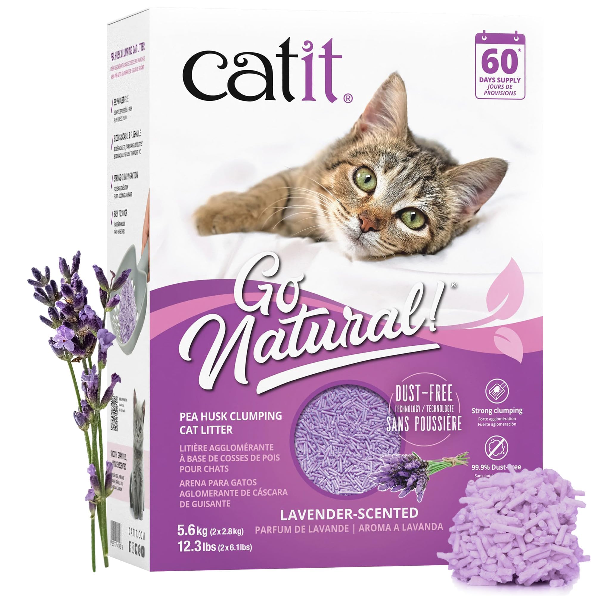 Catit Go Natural Pea Husk Clumping Cat Litter, Tofu, Lavender, 14 L, Dust Free &